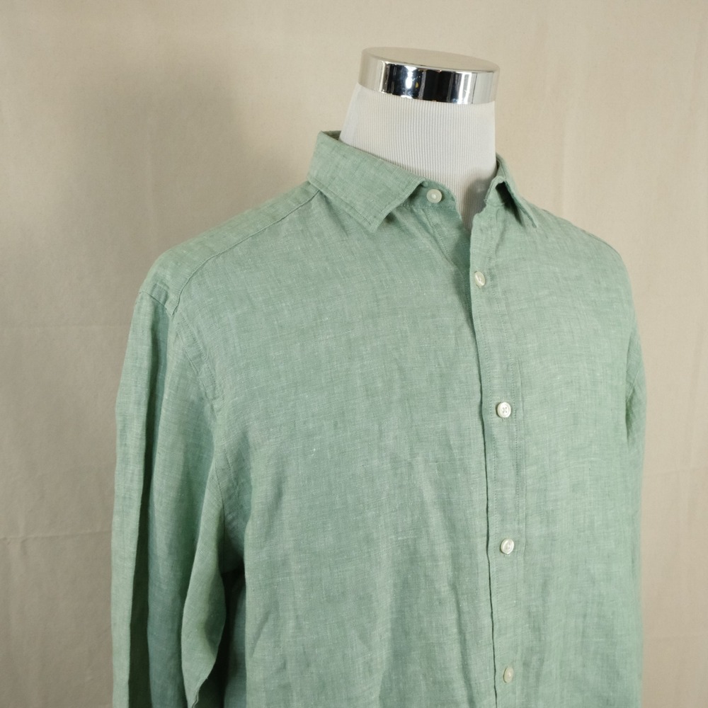 Charles Tyrwhitt Large Classic Fit 100% Linen Shirt Button Front Green Mens